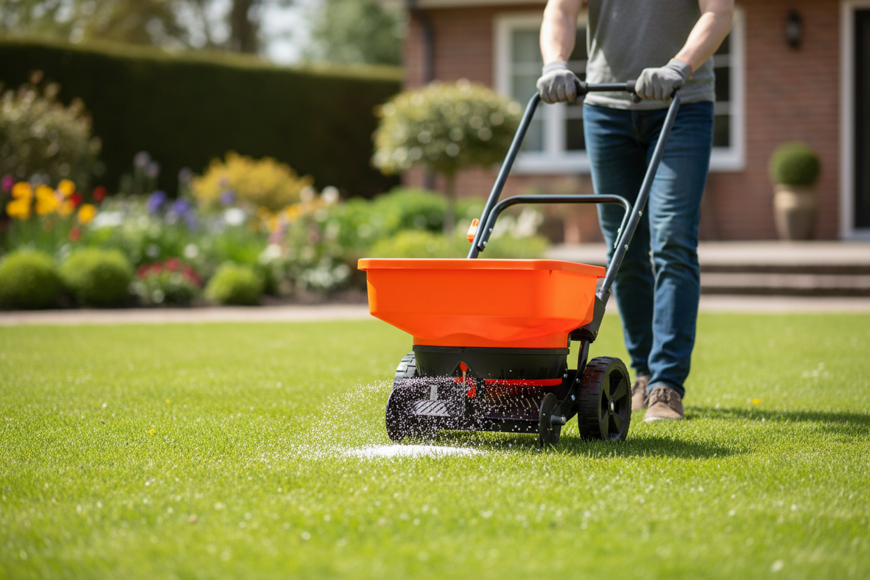 Épandeur manuel 25 litres en situation réelle, utilisé dans un jardin bien entretenu, pelouse verte, lumière naturelle, rendu réaliste, profondeur de champ légère, produit bien centré et mis en valeur, style photo publicitaire outdoor, haute résolution.